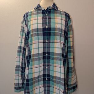 Lands' End Men's Cotton Blue and Green Plaid Shirt Large